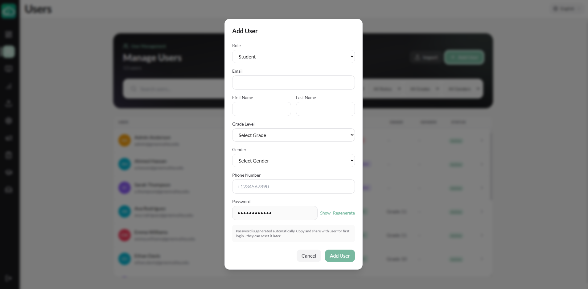 Add User form with role selection and profile fields