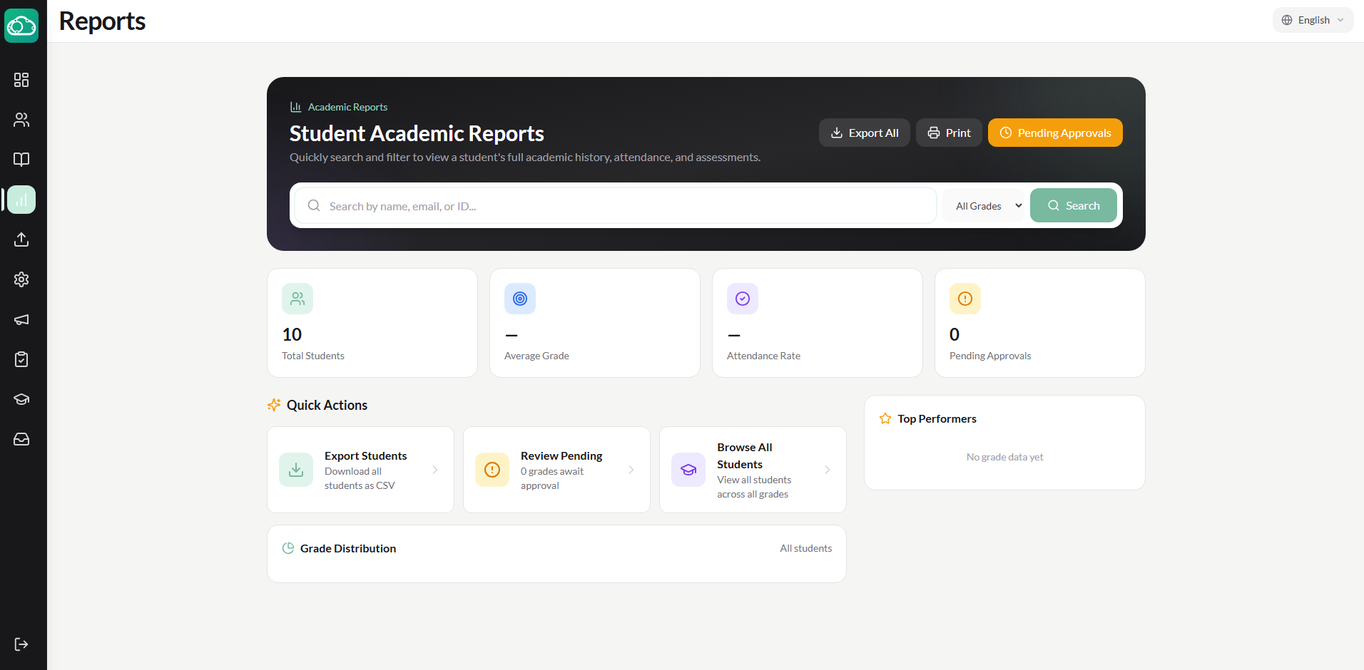 Admin reports page with student academic overview