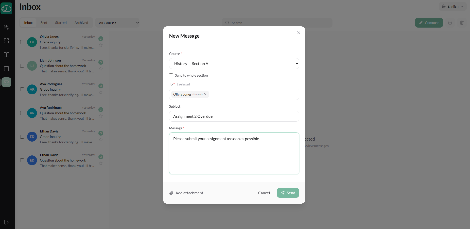 Compose message dialog with course and recipient selection