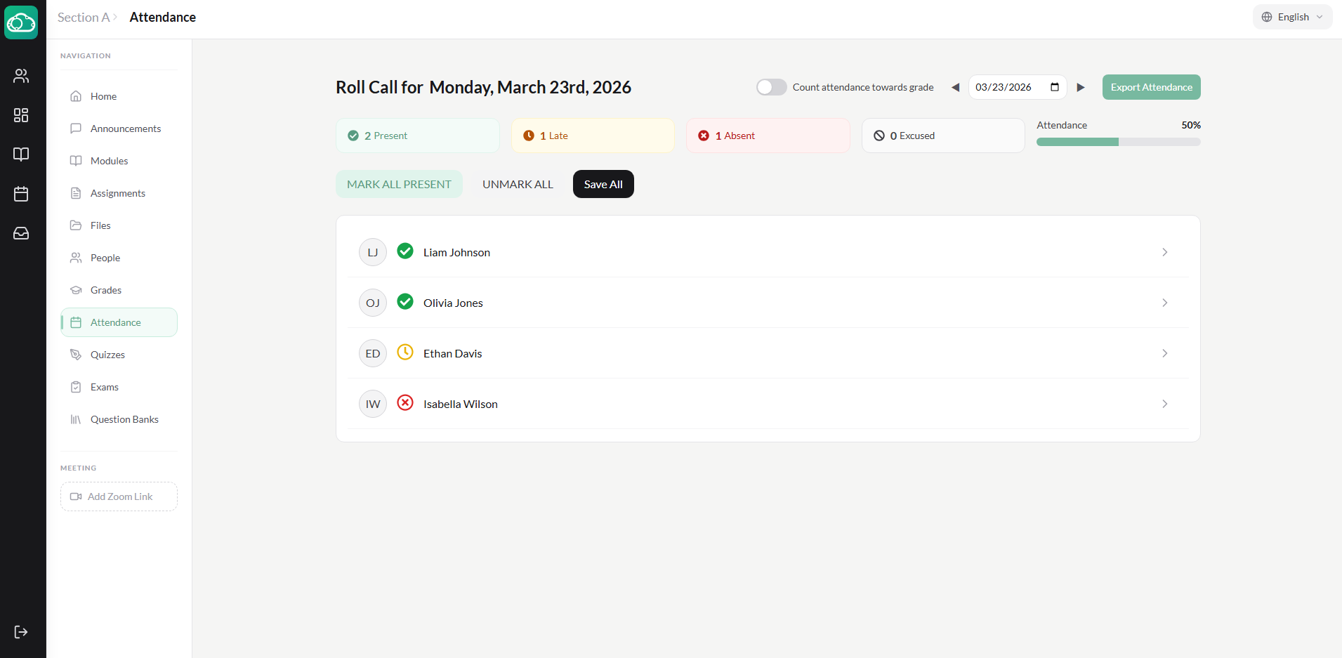Attendance roster with status buttons and Save All button