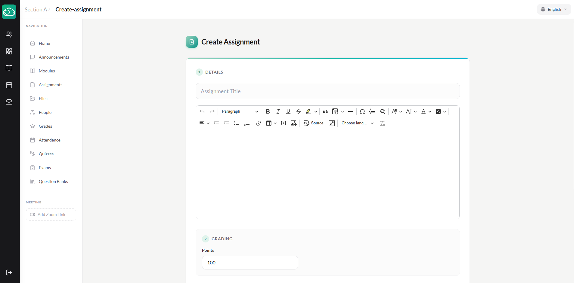 New assignment form with fields filled in