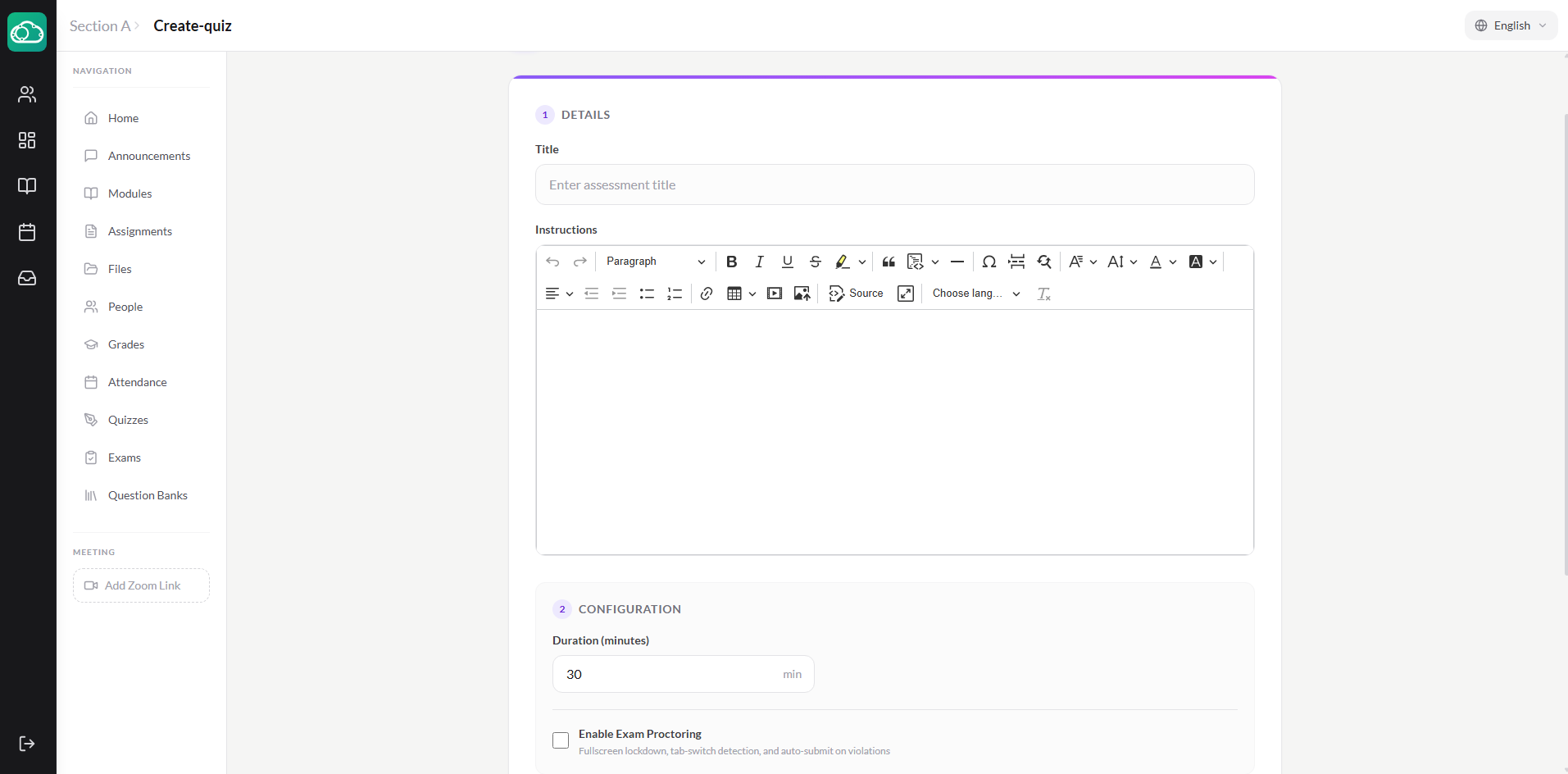 New assessment creation form with title and duration fields