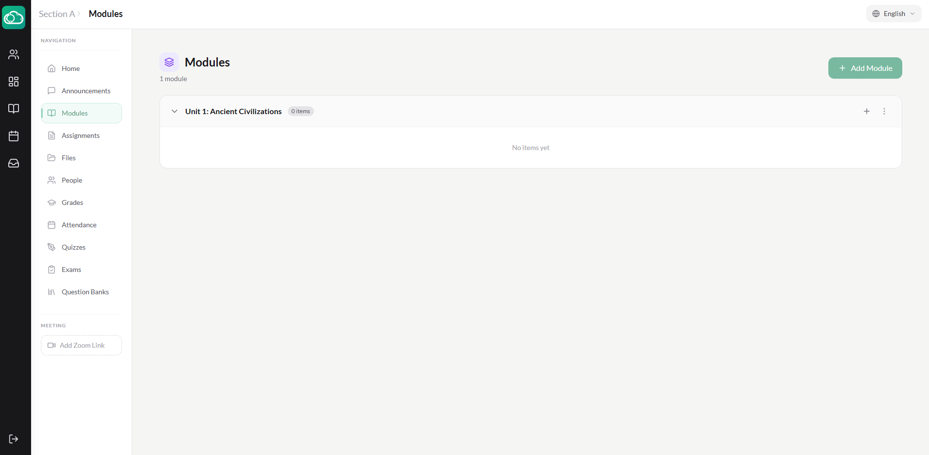 Module view with pages, uploaded files, and assignment items