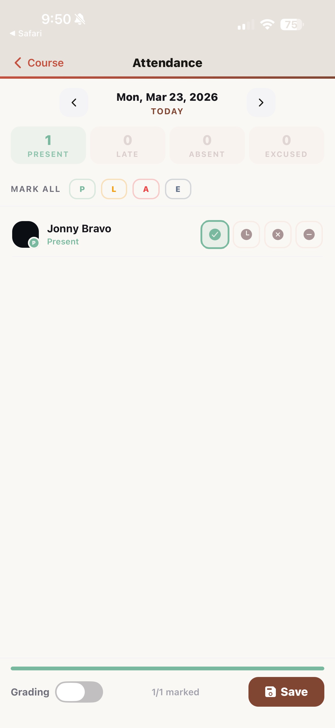 Mobile attendance screen