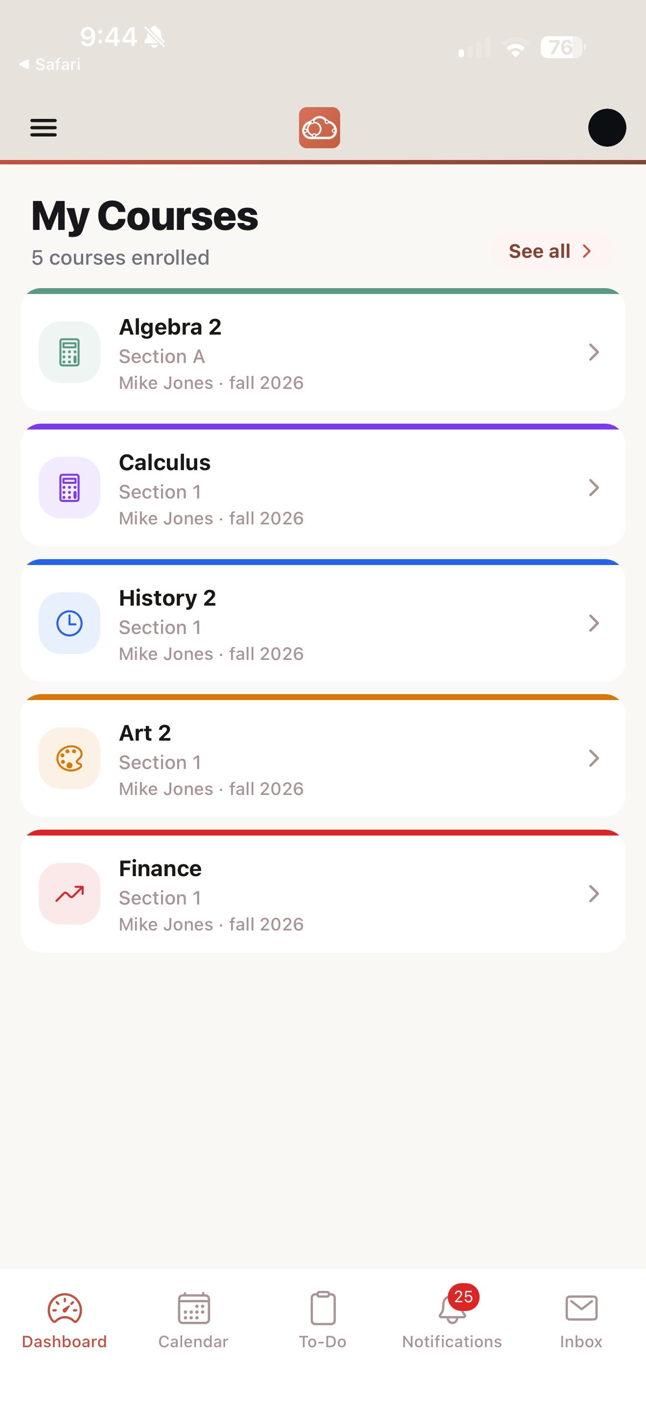 Mobile app dashboard with course cards and bottom navigation bar