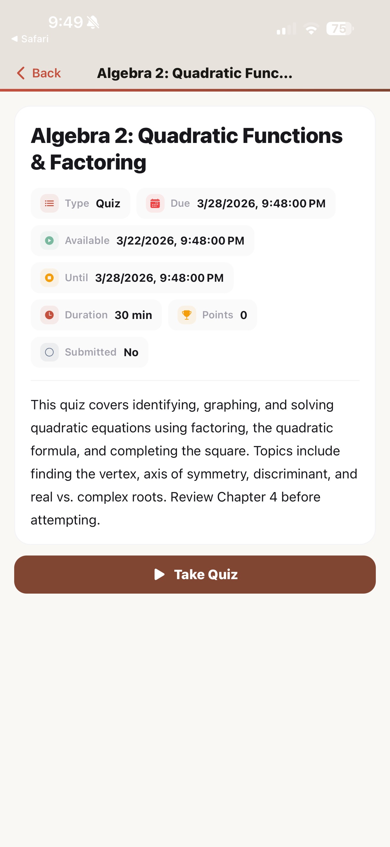 Mobile quiz interface