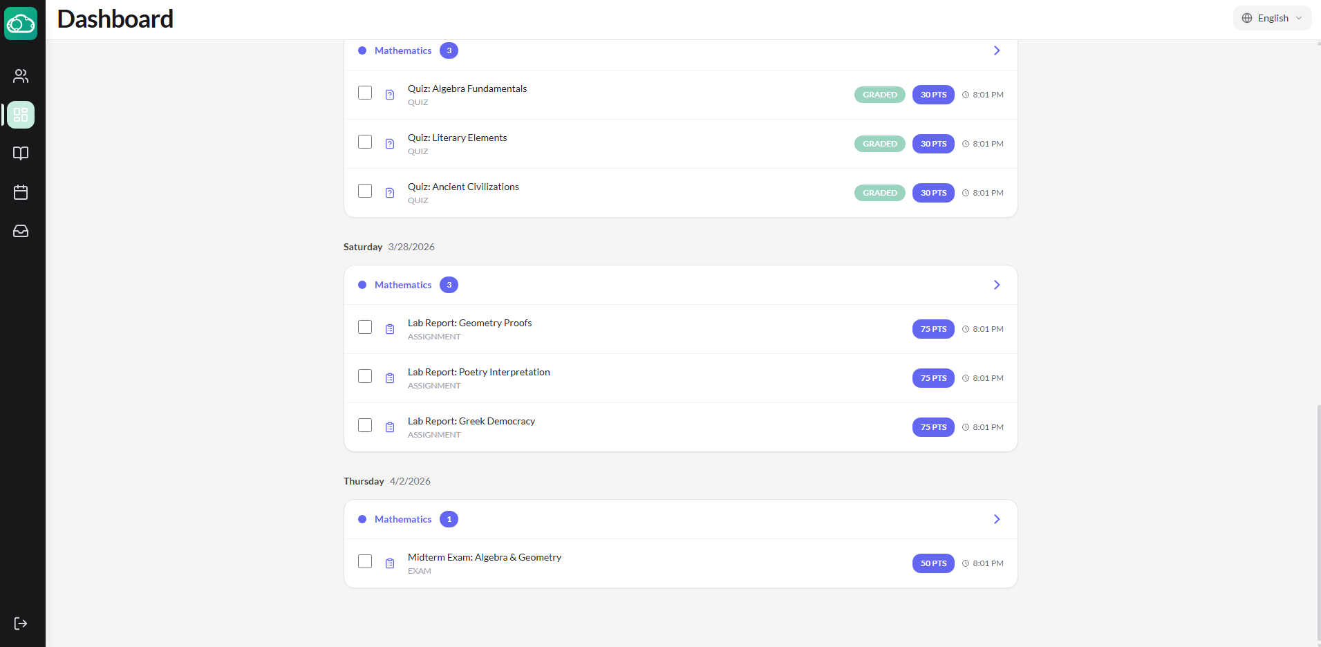 Student dashboard showing upcoming assignments and quizzes